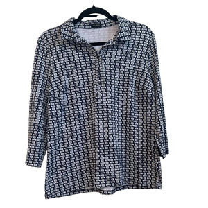 Talbots Nautical Blue and White Chain Link Pattern Button up PopOver Blouse